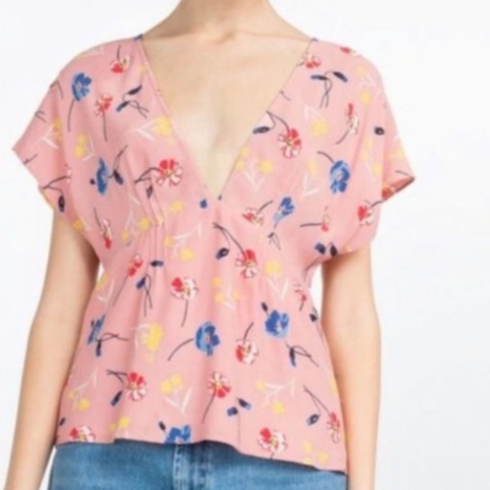 Zara Pink Floral Print Deep Plunge Neck Top